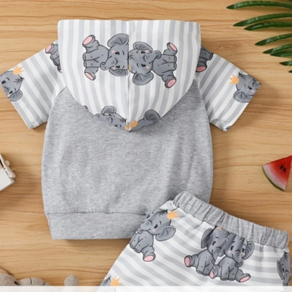Adorable Baby Boys 2pcs Elephant=Print Hoodie and Shorts Set 3-6M-18-24M - Picture 2 of 7